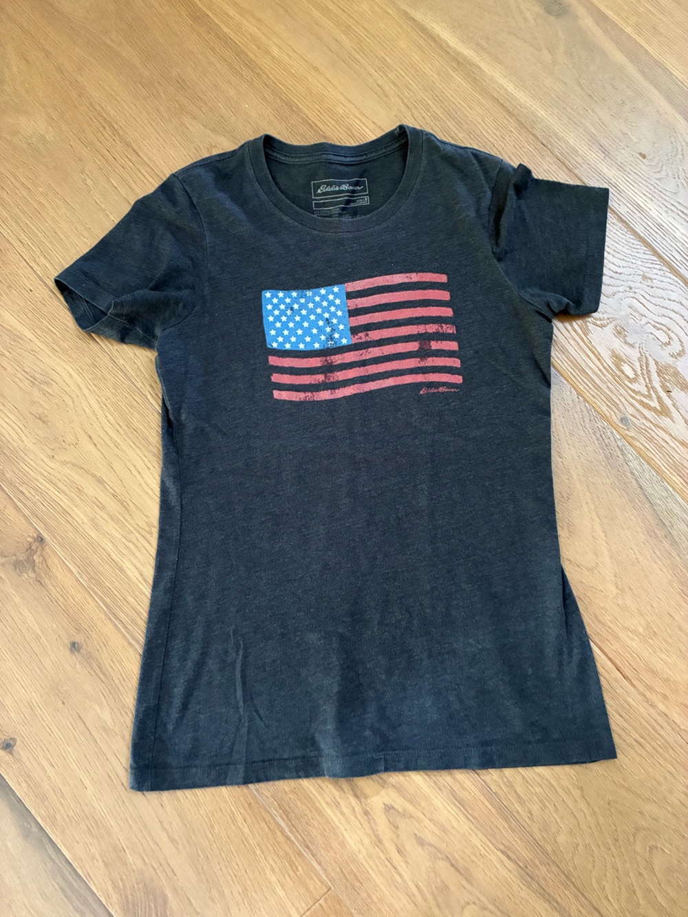 Eddie Bauer Black Tee with Distressed Red & Blue Flag